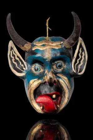 Mexican devil Mask in Blue Hand Painted & Carved
