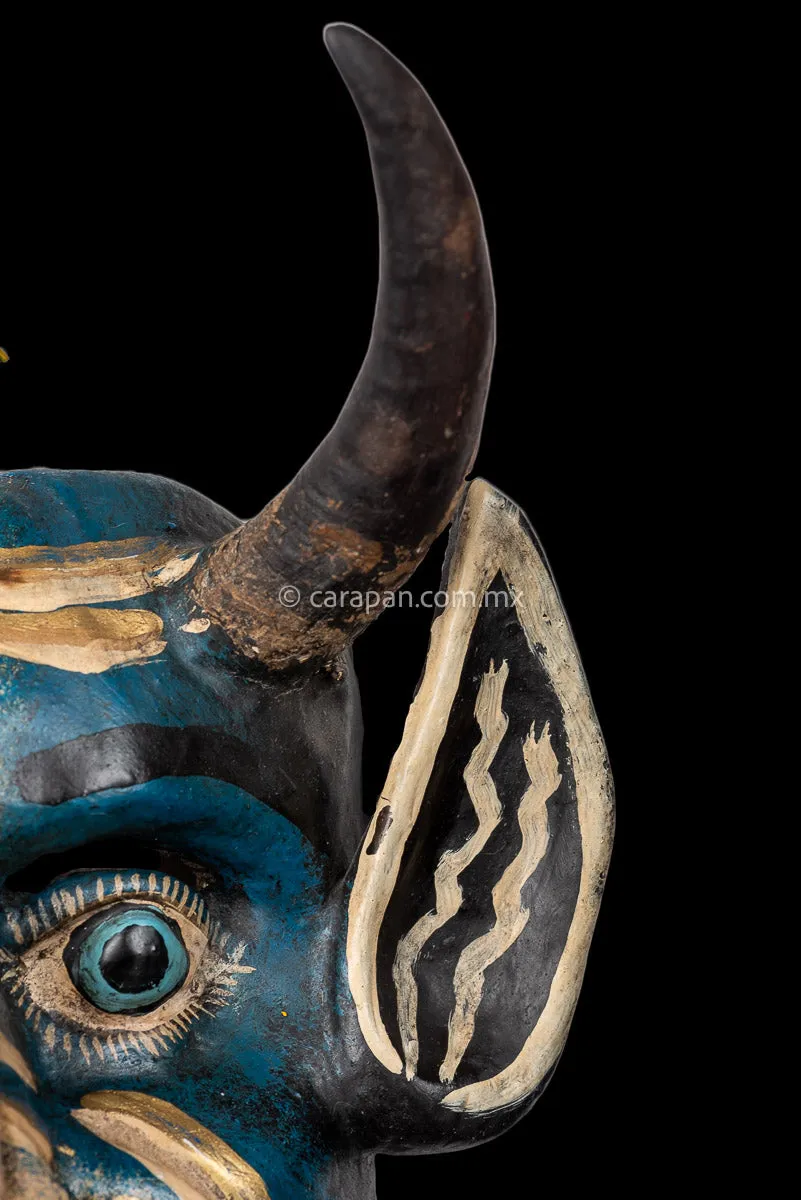 Mexican devil Mask in Blue Hand Painted & Carved