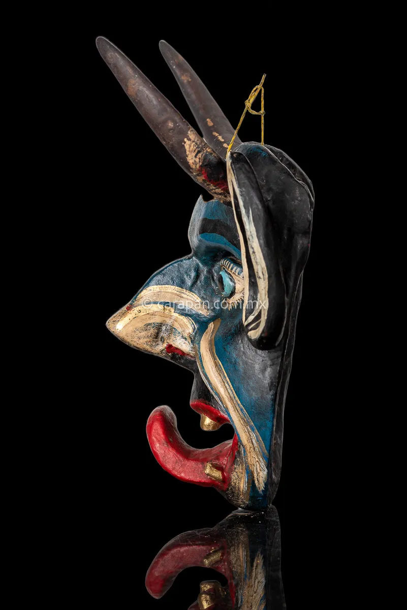 Mexican devil Mask in Blue Hand Painted & Carved