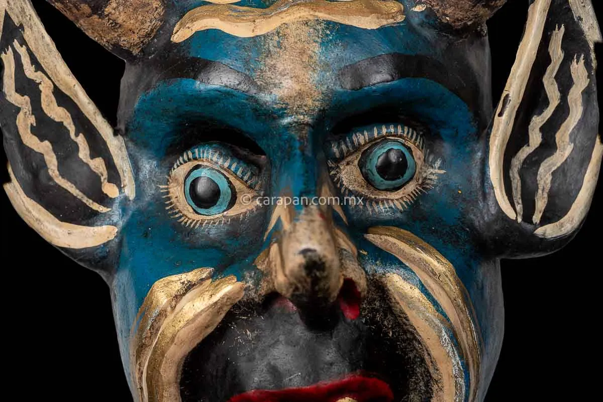 Mexican devil Mask in Blue Hand Painted & Carved