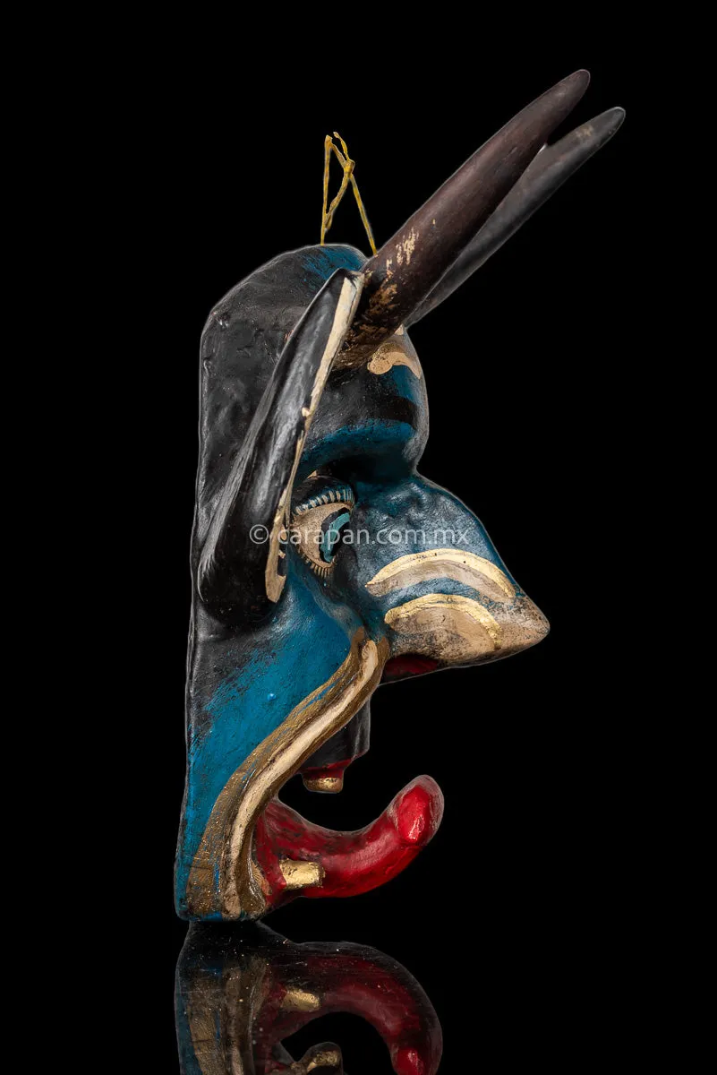 Mexican devil Mask in Blue Hand Painted & Carved
