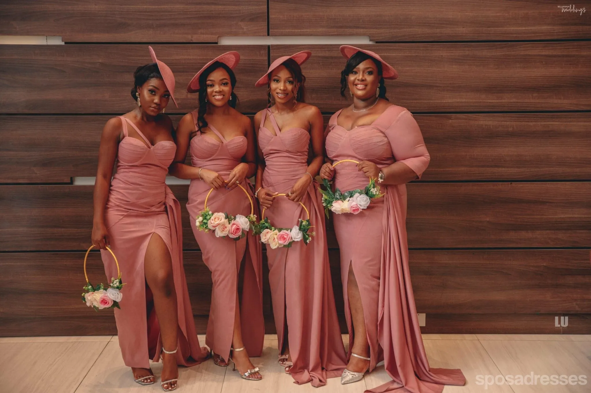 Mismatched Pink Mermaid High Slit Cheap Long Bridesmaid Dresses,WG1391