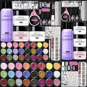 Morovan Acrylic Nail Kit - Glitter Acrylic Powder Monomer Liquid Set Professional Acrylic Powder Set with Everything Supplies Acrylic Brushes Nail Tips Nail Art Decoration Tools DIY Nail Extension