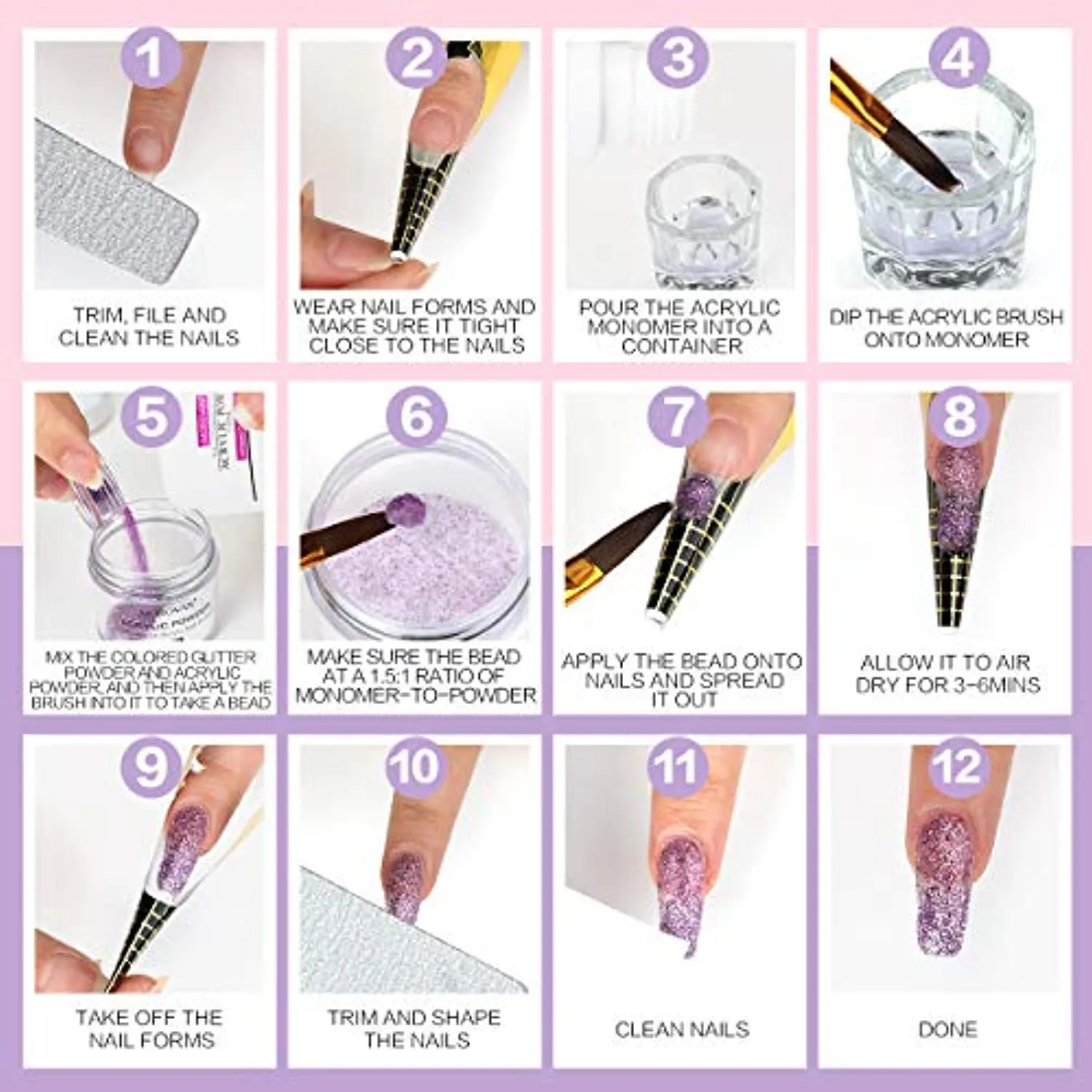 Morovan Acrylic Nail Kit - Glitter Acrylic Powder Monomer Liquid Set Professional Acrylic Powder Set with Everything Supplies Acrylic Brushes Nail Tips Nail Art Decoration Tools DIY Nail Extension