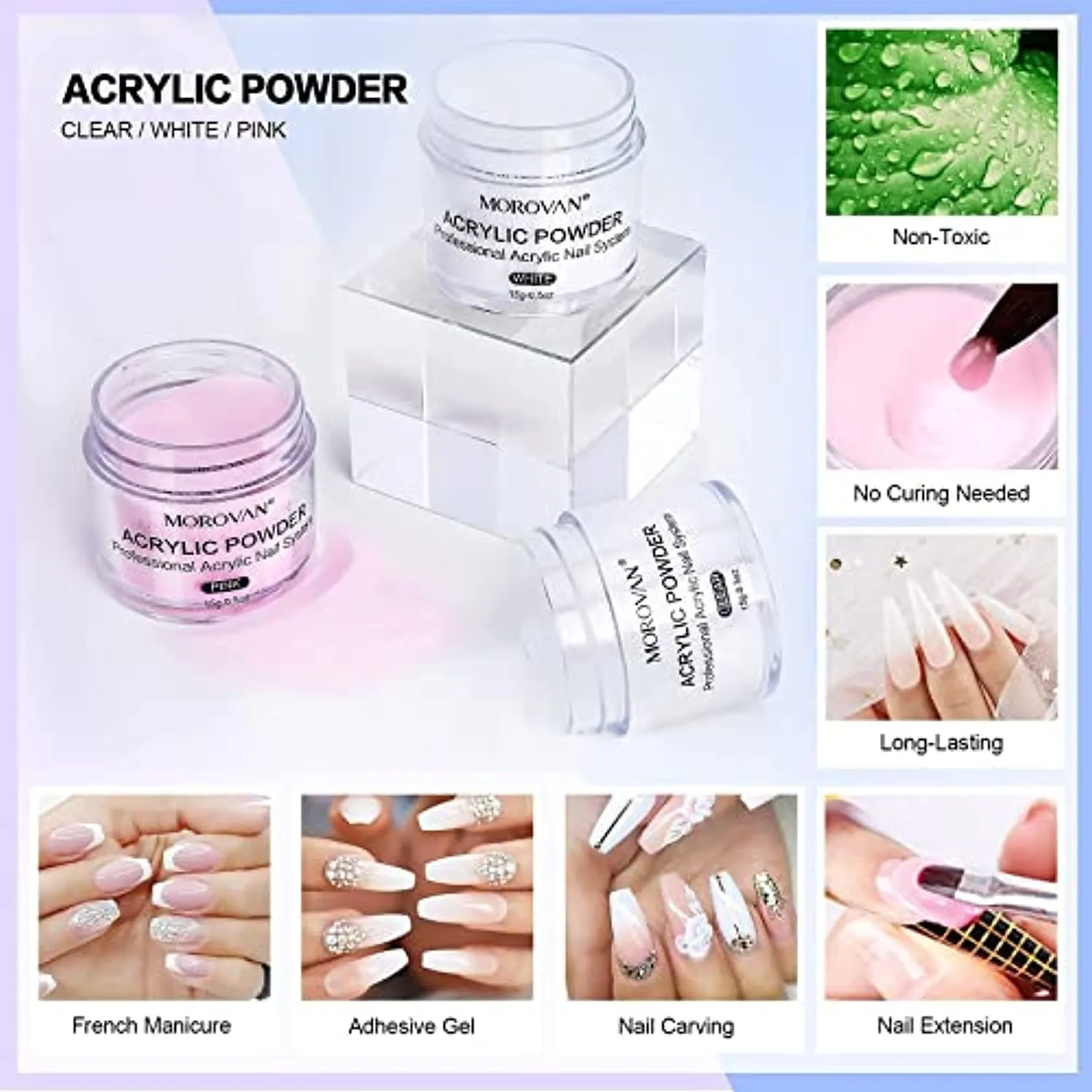 Morovan Acrylic Nail Kit - Glitter Acrylic Powder Monomer Liquid Set Professional Acrylic Powder Set with Everything Supplies Acrylic Brushes Nail Tips Nail Art Decoration Tools DIY Nail Extension