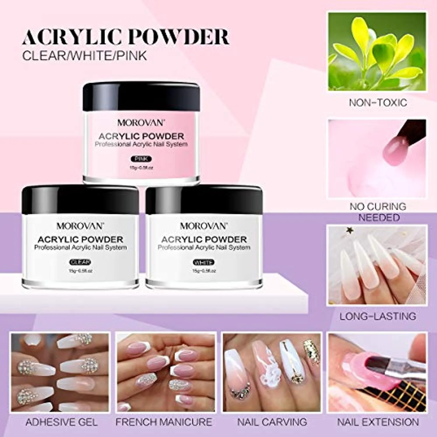 Morovan Acrylic Nail Kit - Glitter Acrylic Powder Monomer Liquid Set Professional Acrylic Powder Set with Everything Supplies Acrylic Brushes Nail Tips Nail Art Decoration Tools DIY Nail Extension