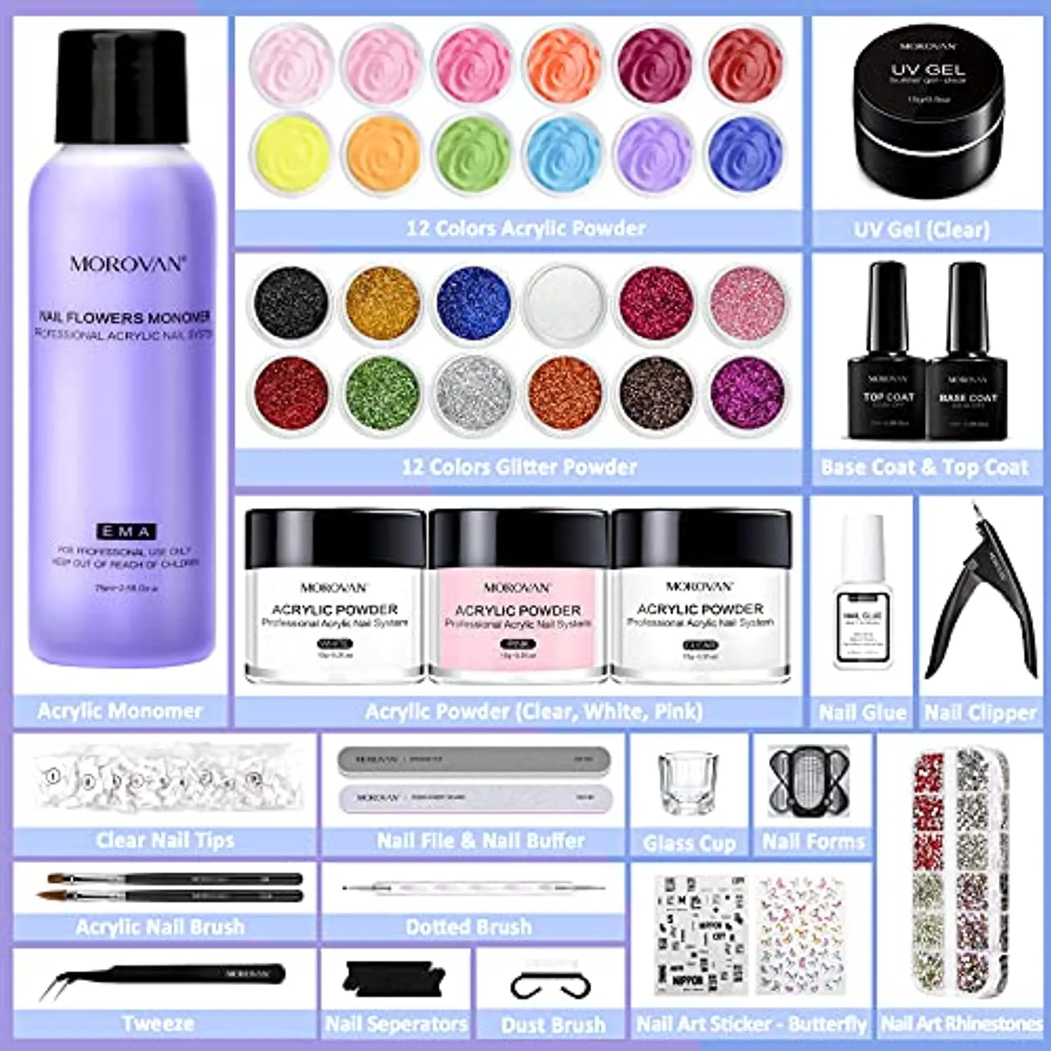 Morovan Acrylic Nail Kit - Glitter Acrylic Powder Monomer Liquid Set Professional Acrylic Powder Set with Everything Supplies Acrylic Brushes Nail Tips Nail Art Decoration Tools DIY Nail Extension