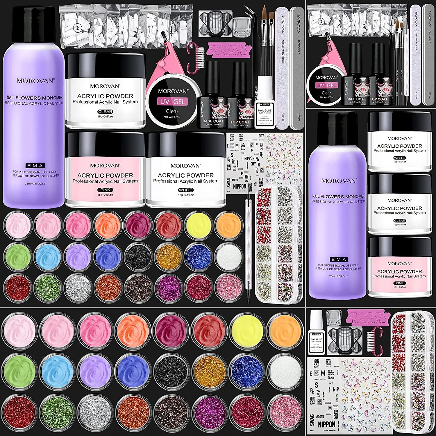 Morovan Acrylic Nail Kit - Glitter Acrylic Powder Monomer Liquid Set Professional Acrylic Powder Set with Everything Supplies Acrylic Brushes Nail Tips Nail Art Decoration Tools DIY Nail Extension
