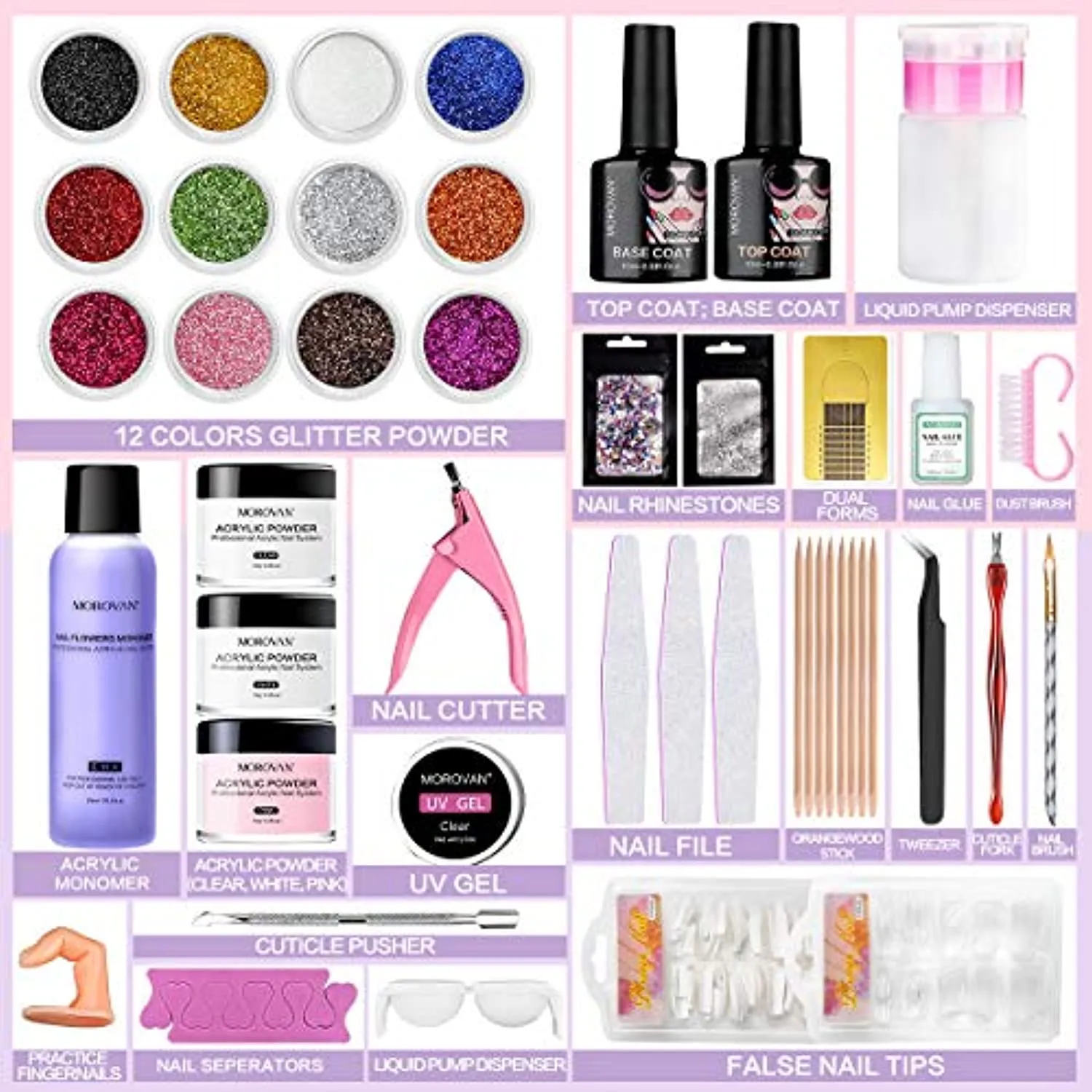 Morovan Acrylic Nail Kit - Glitter Acrylic Powder Monomer Liquid Set Professional Acrylic Powder Set with Everything Supplies Acrylic Brushes Nail Tips Nail Art Decoration Tools DIY Nail Extension