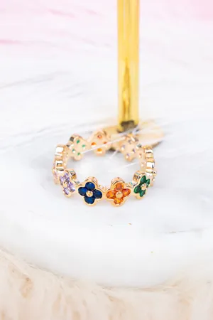 Multi Color Cubic Zirconia Quatrefoil Goldtone Cuff Ring