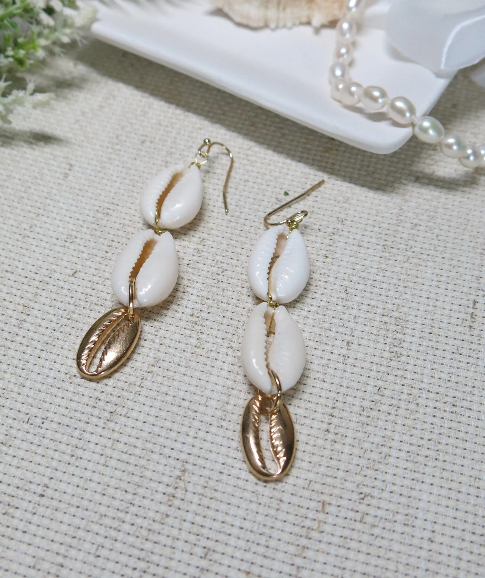 Natural Cowrie Seashell Earrings, Tropical Getaway Boho Shell Jewelry, Dangle Sea Shell Beach Earrings