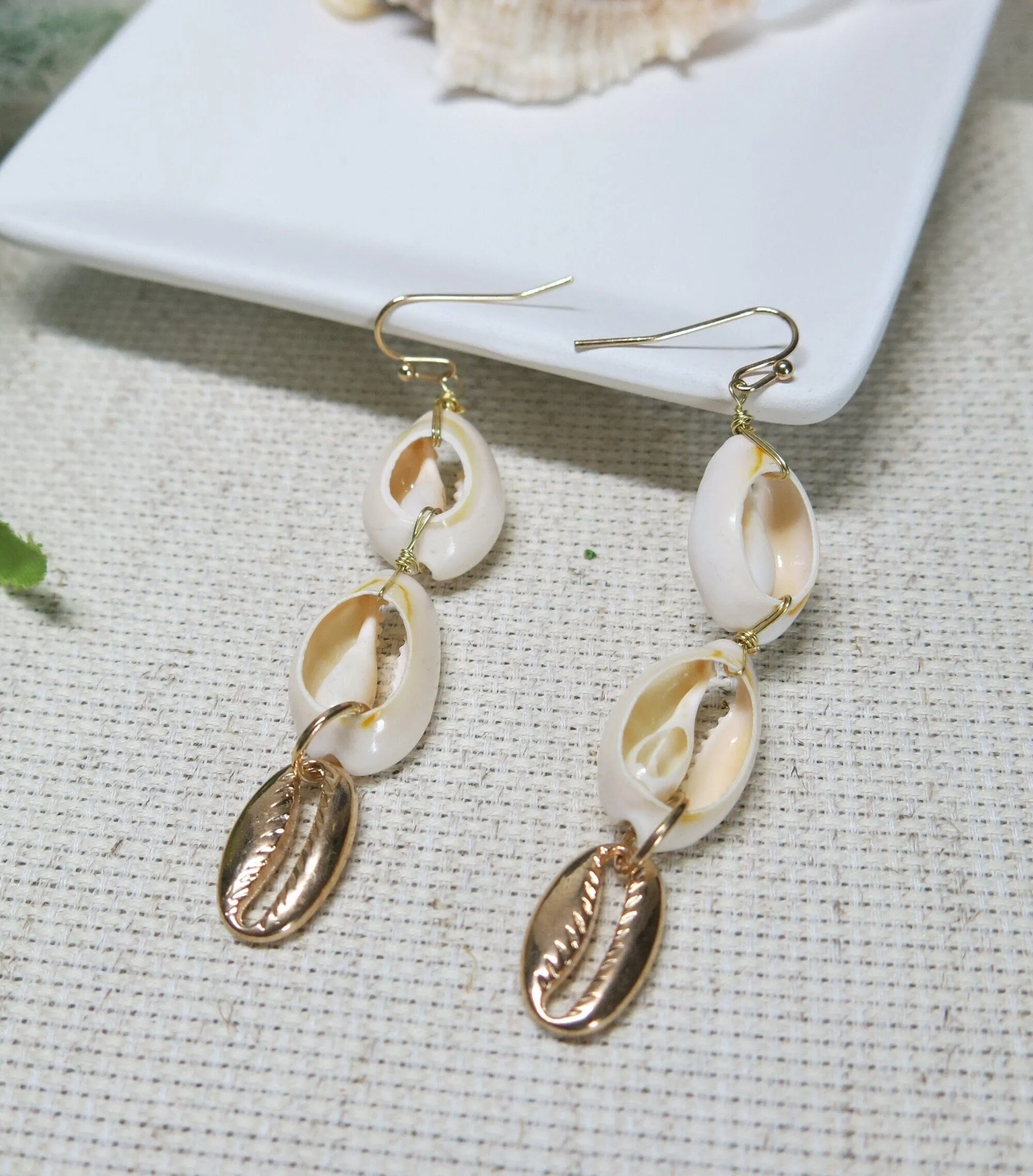 Natural Cowrie Seashell Earrings, Tropical Getaway Boho Shell Jewelry, Dangle Sea Shell Beach Earrings