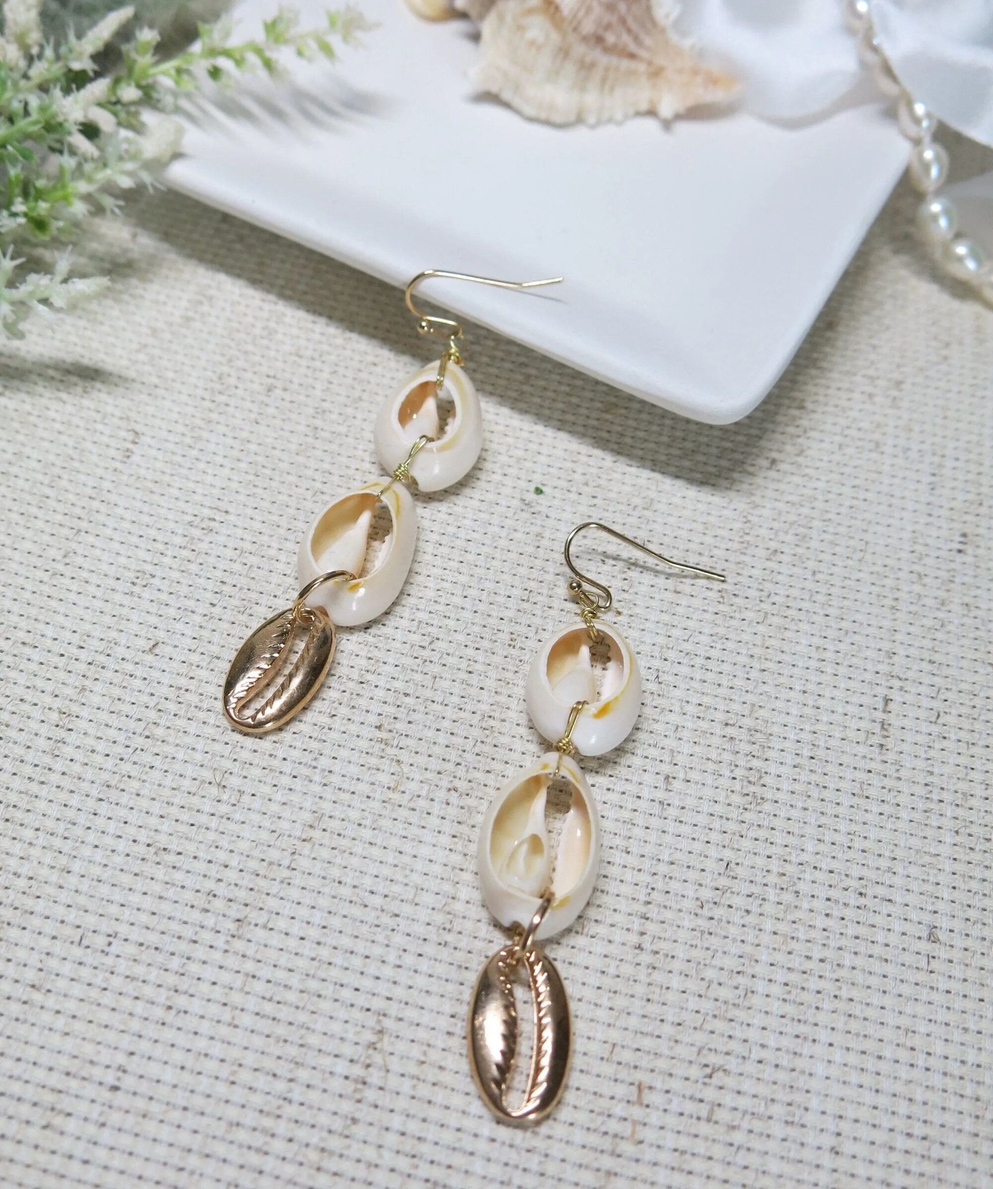 Natural Cowrie Seashell Earrings, Tropical Getaway Boho Shell Jewelry, Dangle Sea Shell Beach Earrings