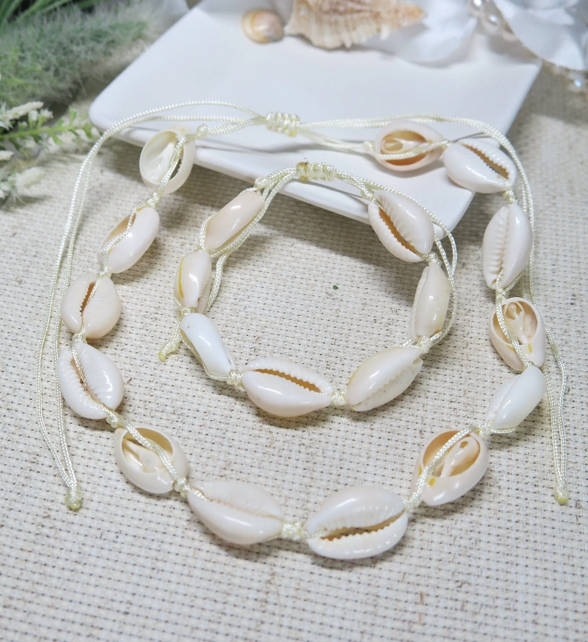 Natural Seashell Rope Necklace and Bracelet 2 PC Set, Beach Necklace Cowrie Boho Jewelry Set