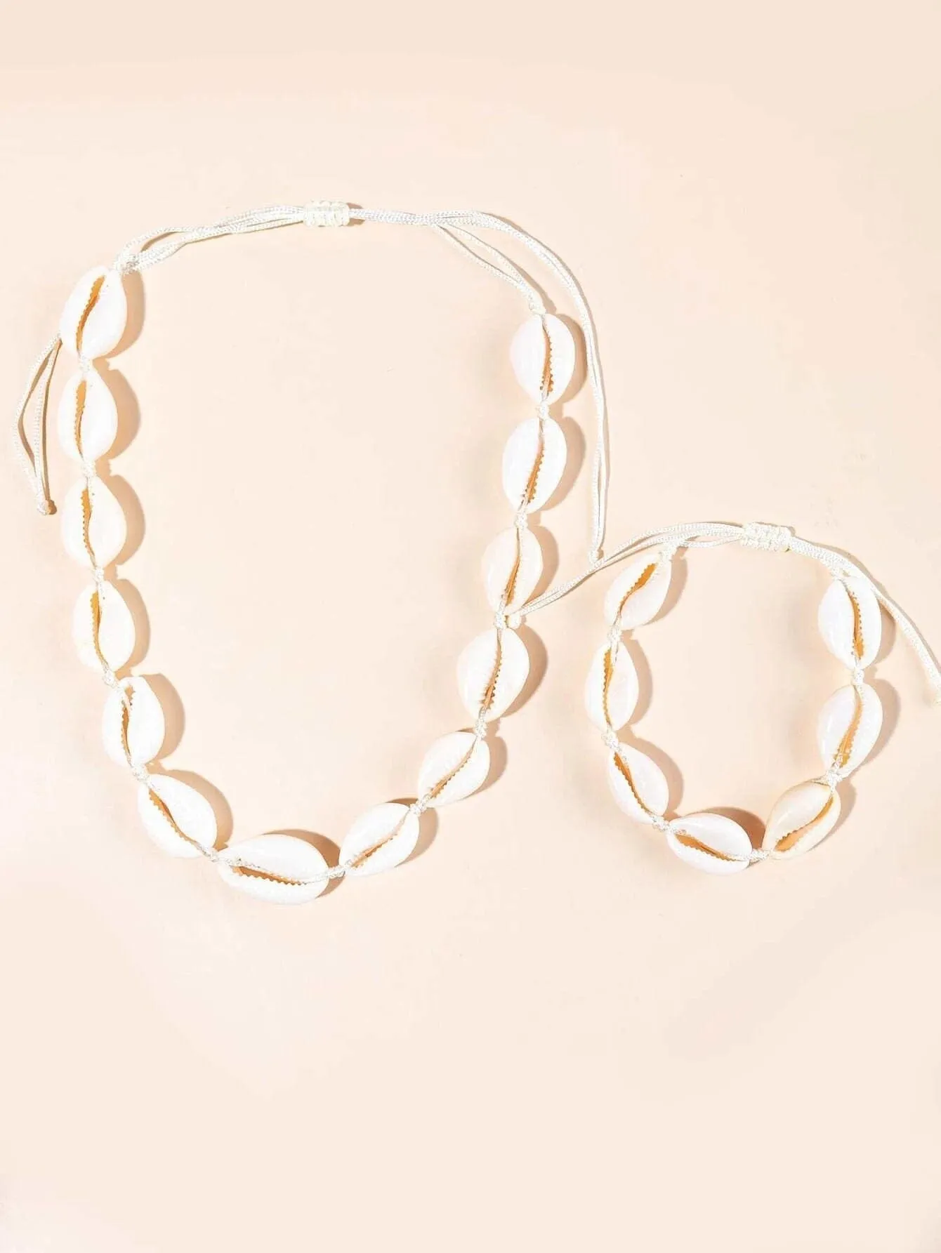 Natural Seashell Rope Necklace and Bracelet 2 PC Set, Beach Necklace Cowrie Boho Jewelry Set