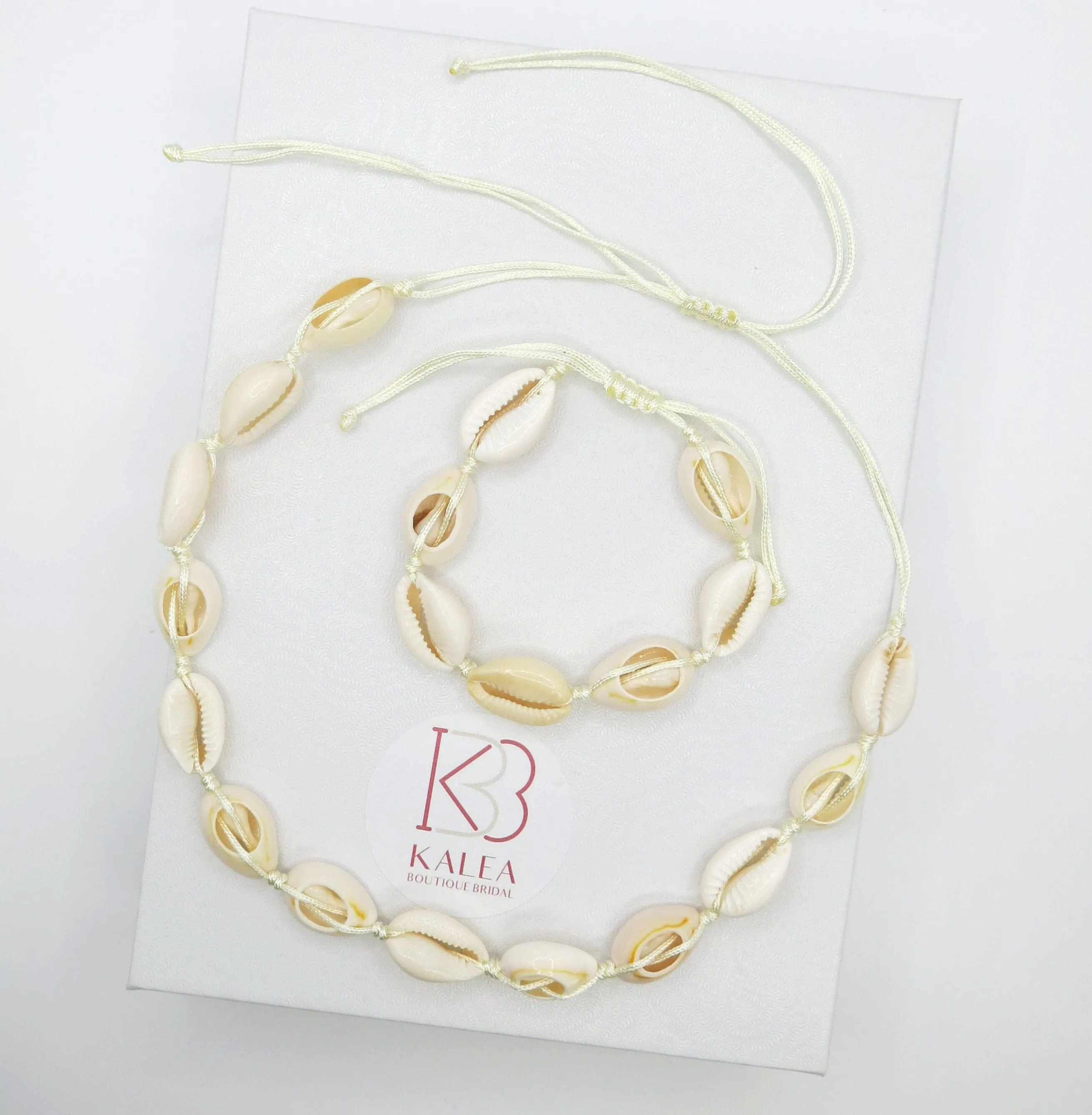 Natural Seashell Rope Necklace and Bracelet 2 PC Set, Beach Necklace Cowrie Boho Jewelry Set