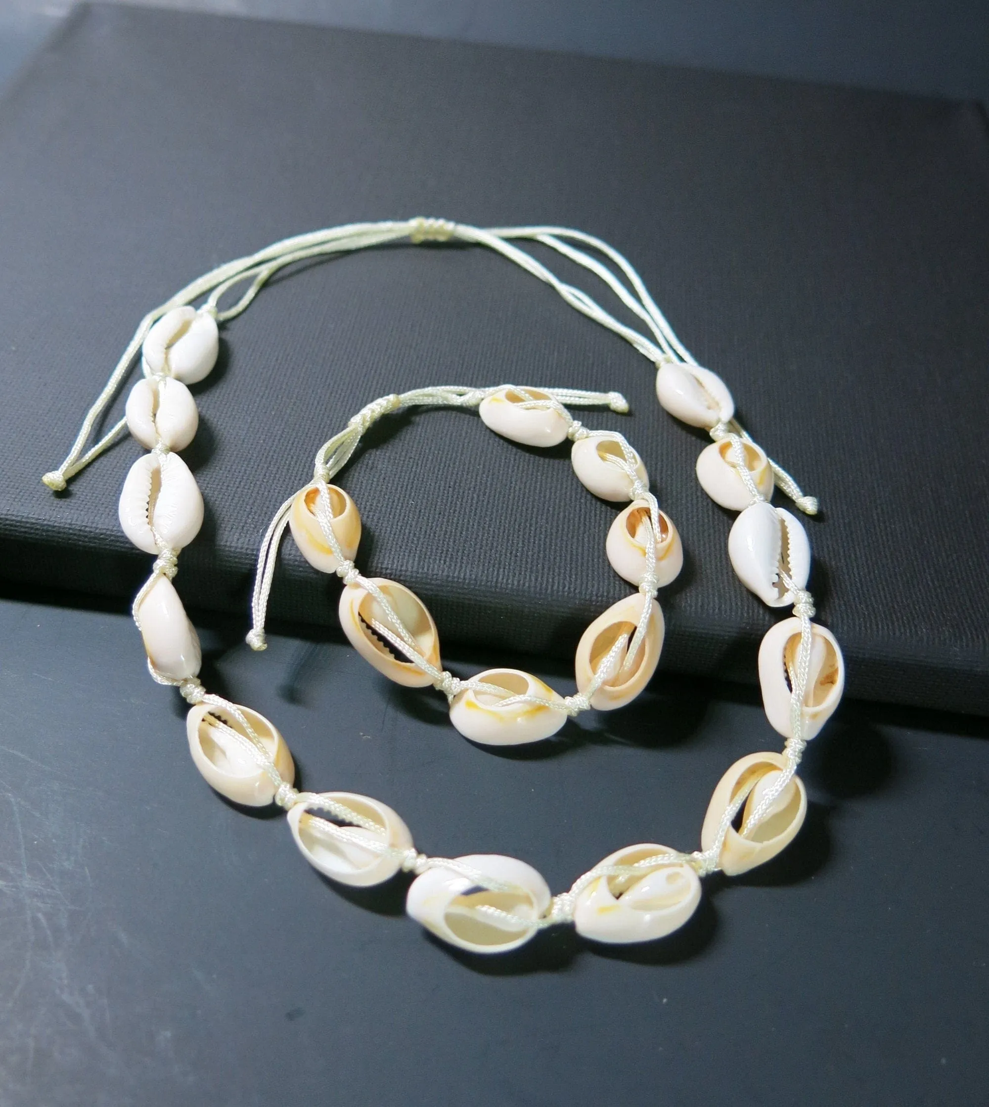 Natural Seashell Rope Necklace and Bracelet 2 PC Set, Beach Necklace Cowrie Boho Jewelry Set