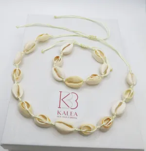Natural Seashell Rope Necklace and Bracelet 2 PC Set, Beach Necklace Cowrie Boho Jewelry Set