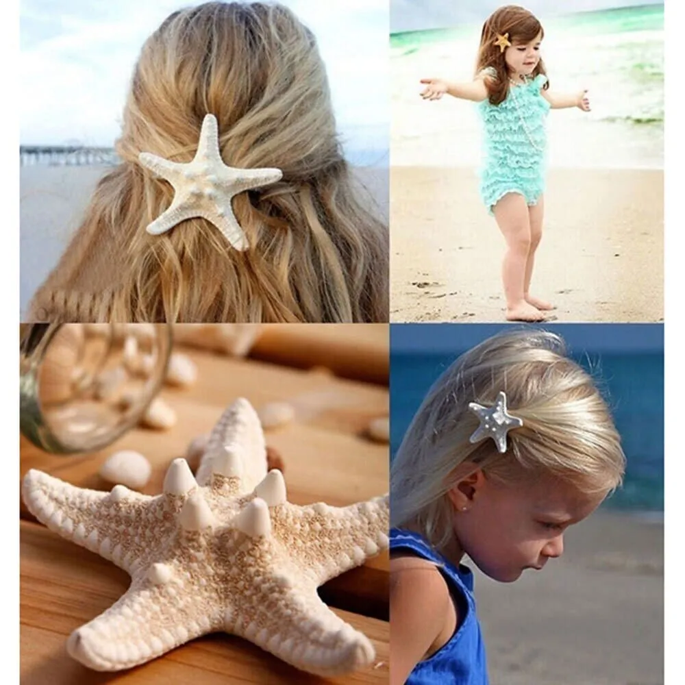 Natural Starfish 2 PC Alligator Hairclip Set, Tropical Wedding Starfish Hairpiece, Hawaii Seashell Star Hairclips, Mermaid Cosplay Headpiece