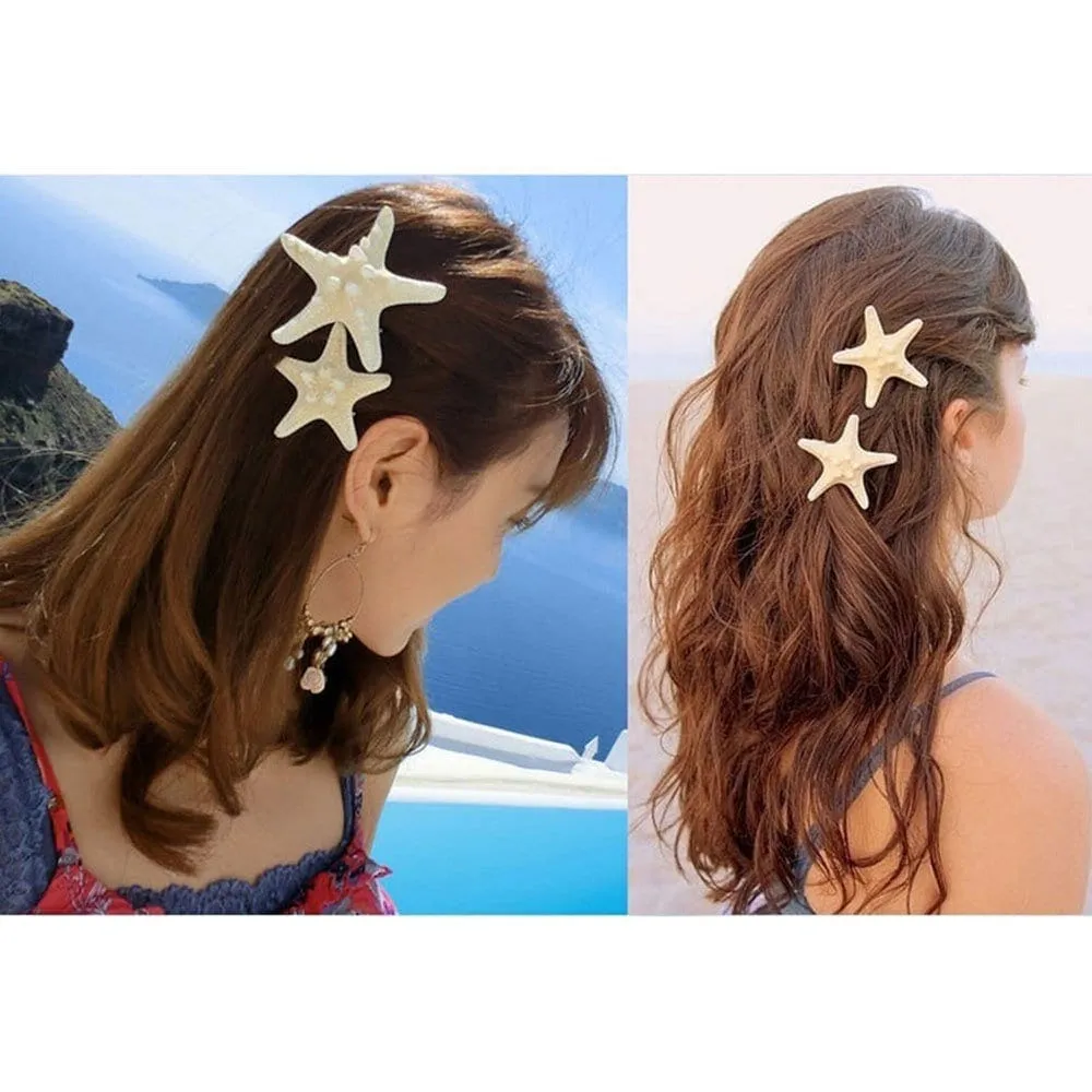 Natural Starfish 2 PC Alligator Hairclip Set, Tropical Wedding Starfish Hairpiece, Hawaii Seashell Star Hairclips, Mermaid Cosplay Headpiece