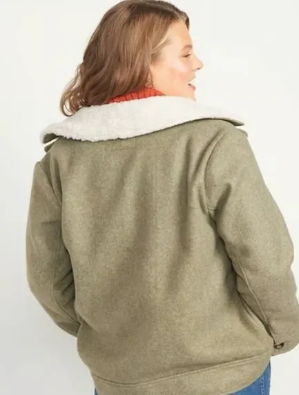 New Retails $79 OLD NAVY Soft-Brushed Sherpa-Trim Jacket for Women In Satin Moss Sz 3XL