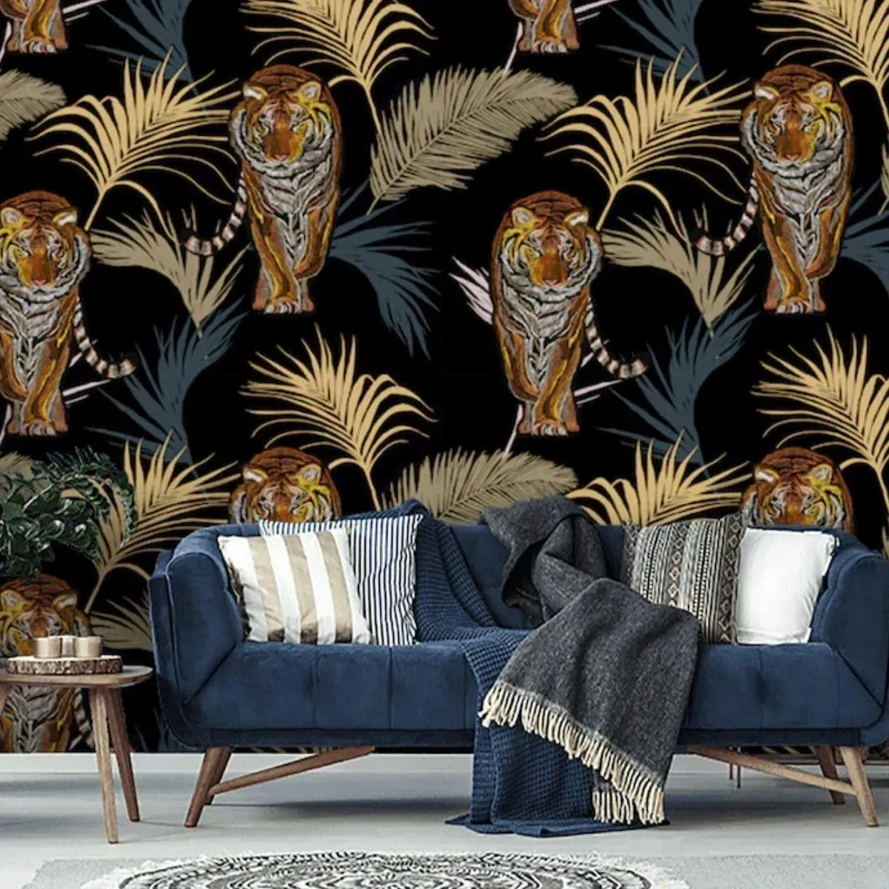 Palm Leaves and Tigers in Jungle Wallpaper