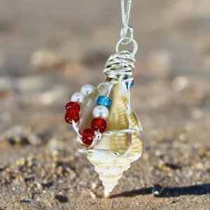 Patriotic Natural Fighting Conch Pendant – Red, White & Blue, Handcrafted with Leather Rope