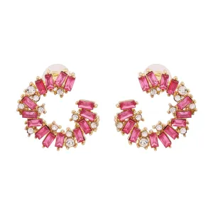 Pink Cubic Zirconia & 18K Gold-Plated Circle Stud Earrings