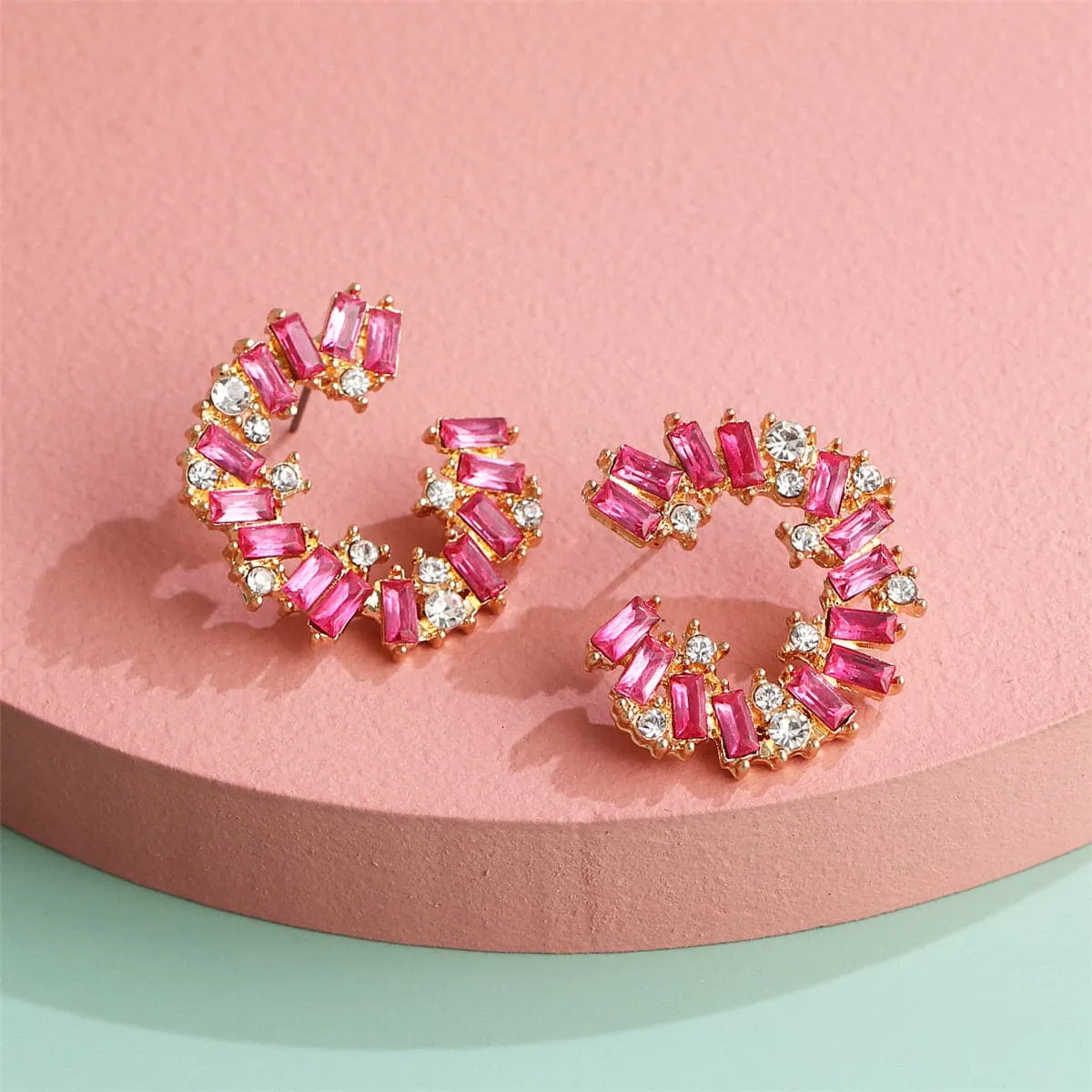 Pink Cubic Zirconia & 18K Gold-Plated Circle Stud Earrings