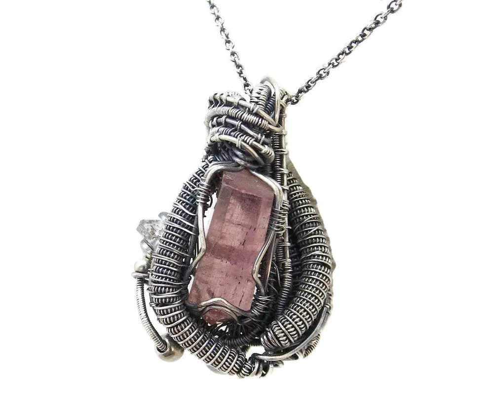Pink Rubellite Tourmaline Crystal Pendant with Herkimer Diamonds
