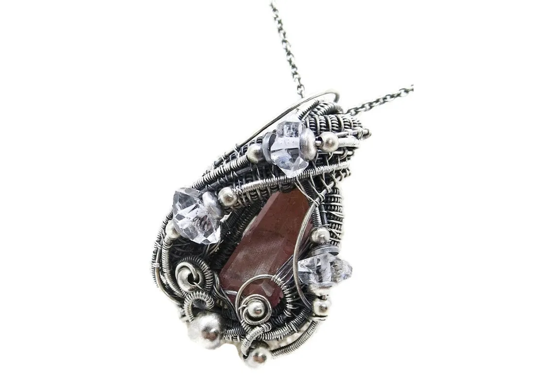 Pink Rubellite Tourmaline Crystal Pendant with Herkimer Diamonds