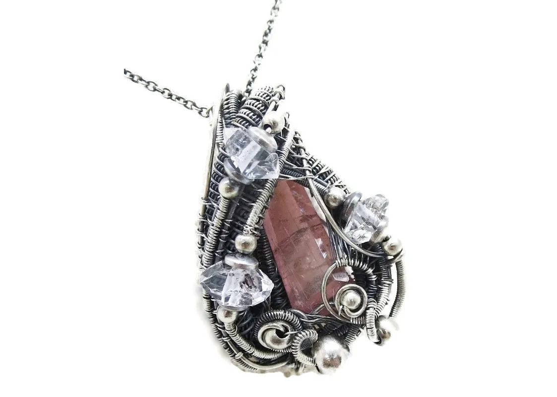 Pink Rubellite Tourmaline Crystal Pendant with Herkimer Diamonds