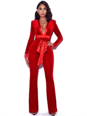PRE-ORDER Genevieve Velvet Satin Tie Jumpsuit x RED