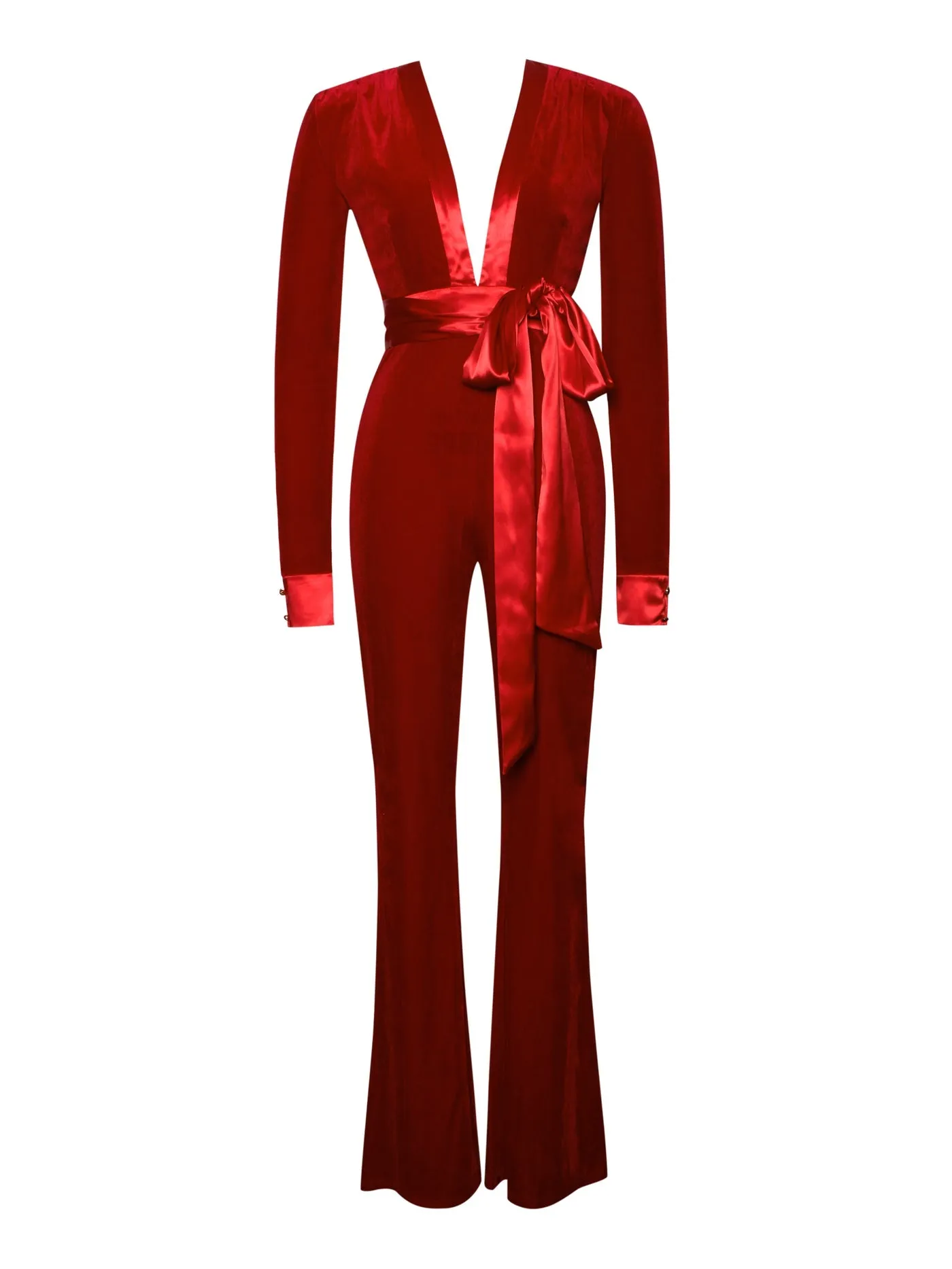 PRE-ORDER Genevieve Velvet Satin Tie Jumpsuit x RED