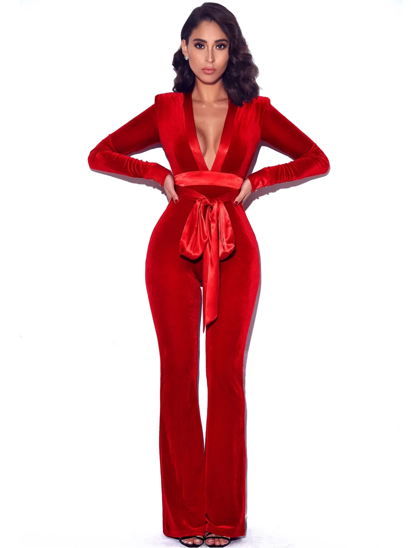 PRE-ORDER Genevieve Velvet Satin Tie Jumpsuit x RED