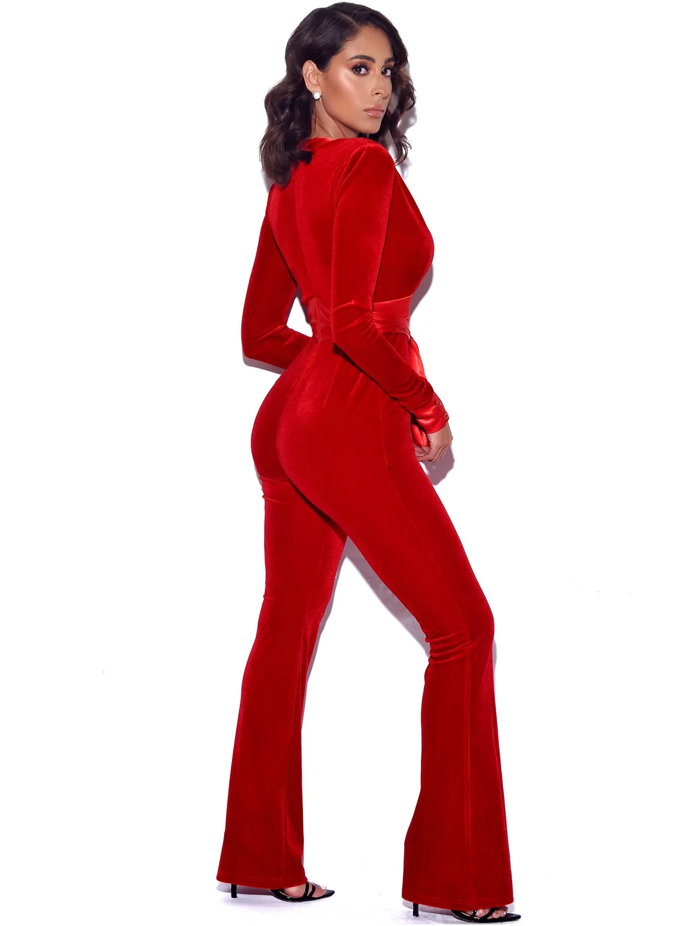 PRE-ORDER Genevieve Velvet Satin Tie Jumpsuit x RED