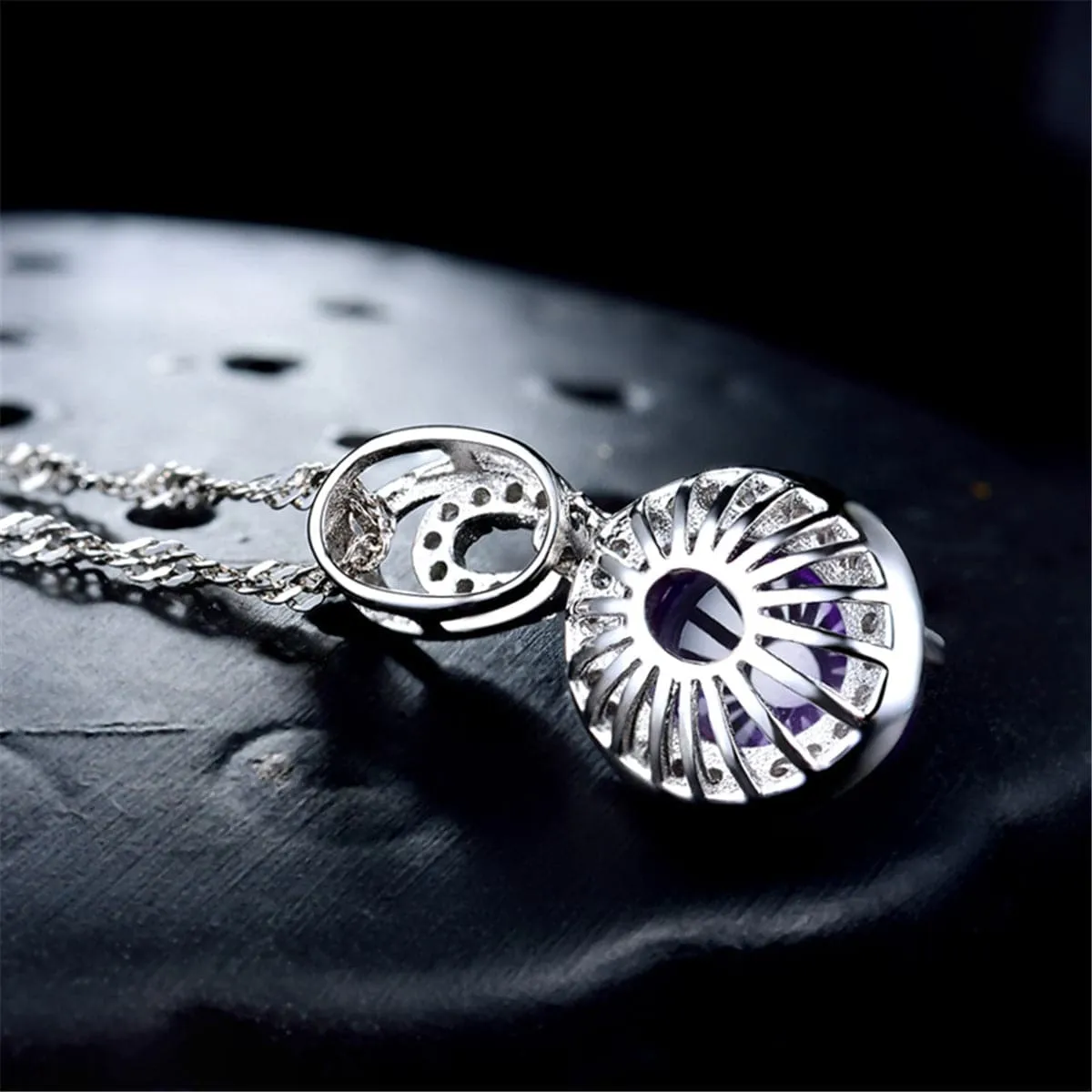 Purple Crystal & Cubic Zirconia Double-Halo Pendant Necklace
