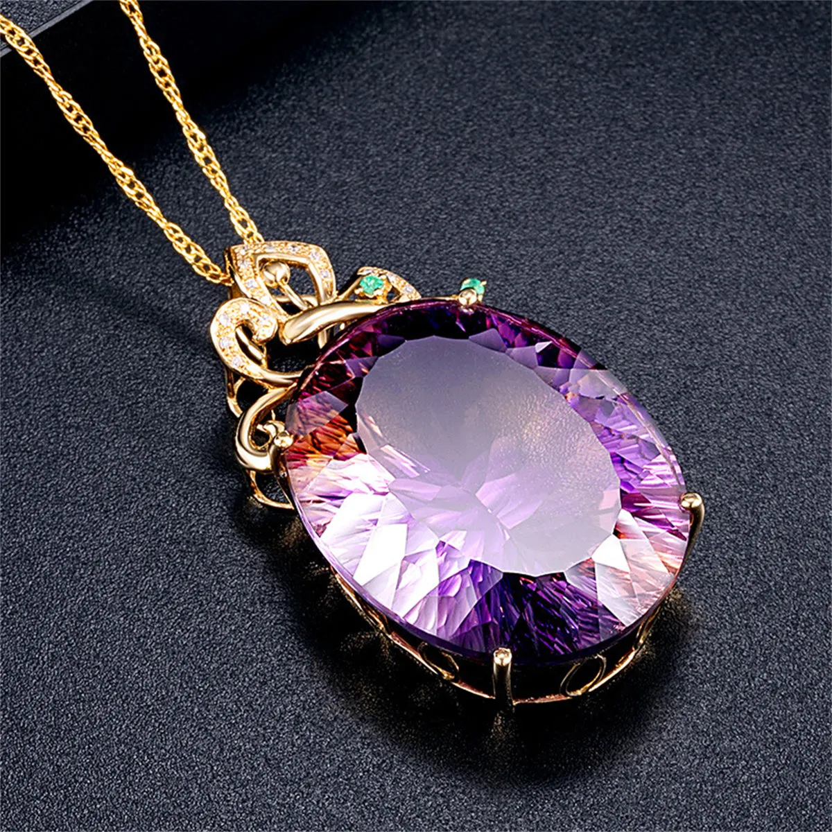 Purple Crystal & Cubic Zirconia Oval Pendant Necklace