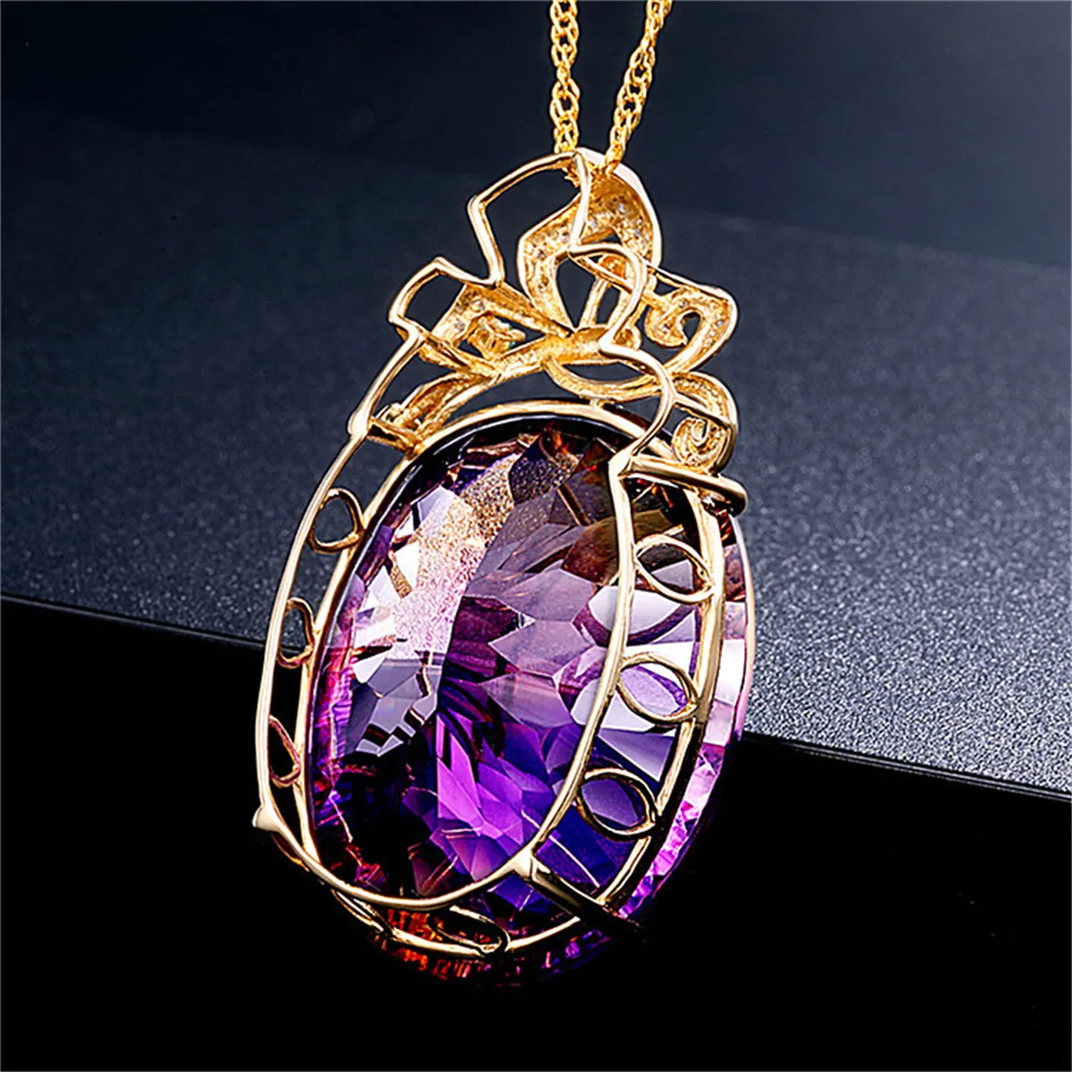 Purple Crystal & Cubic Zirconia Oval Pendant Necklace