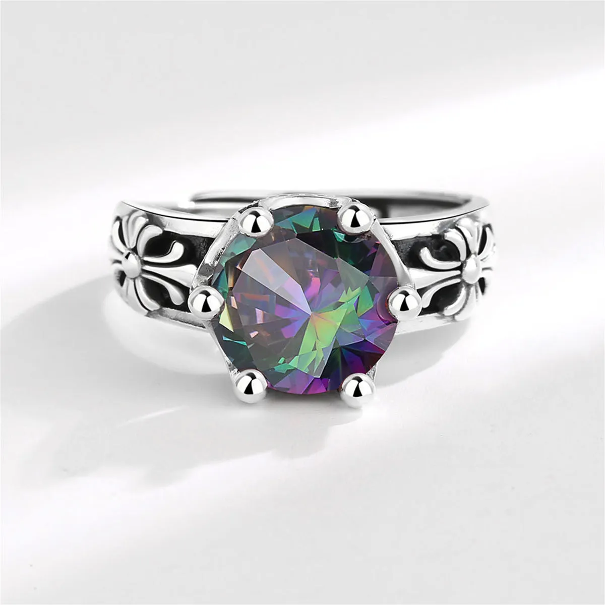 Purple Crystal & Silver-Plated Round Ring