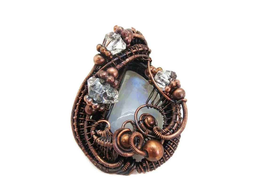 Rainbow Moonstone Pendant with Herkimer Diamonds in Bronze