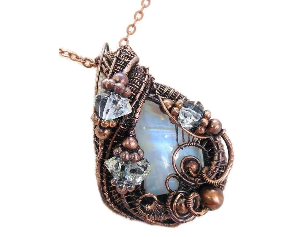 Rainbow Moonstone Pendant with Herkimer Diamonds in Bronze