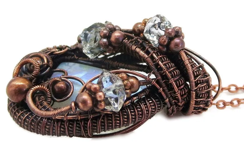 Rainbow Moonstone Pendant with Herkimer Diamonds in Bronze