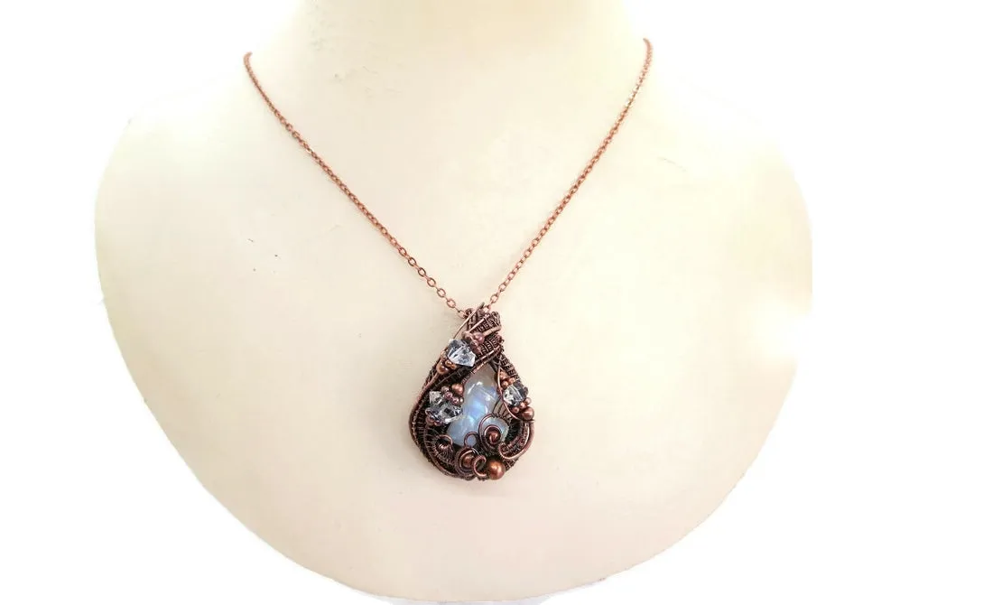 Rainbow Moonstone Pendant with Herkimer Diamonds in Bronze
