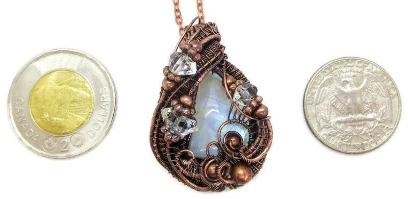 Rainbow Moonstone Pendant with Herkimer Diamonds in Bronze