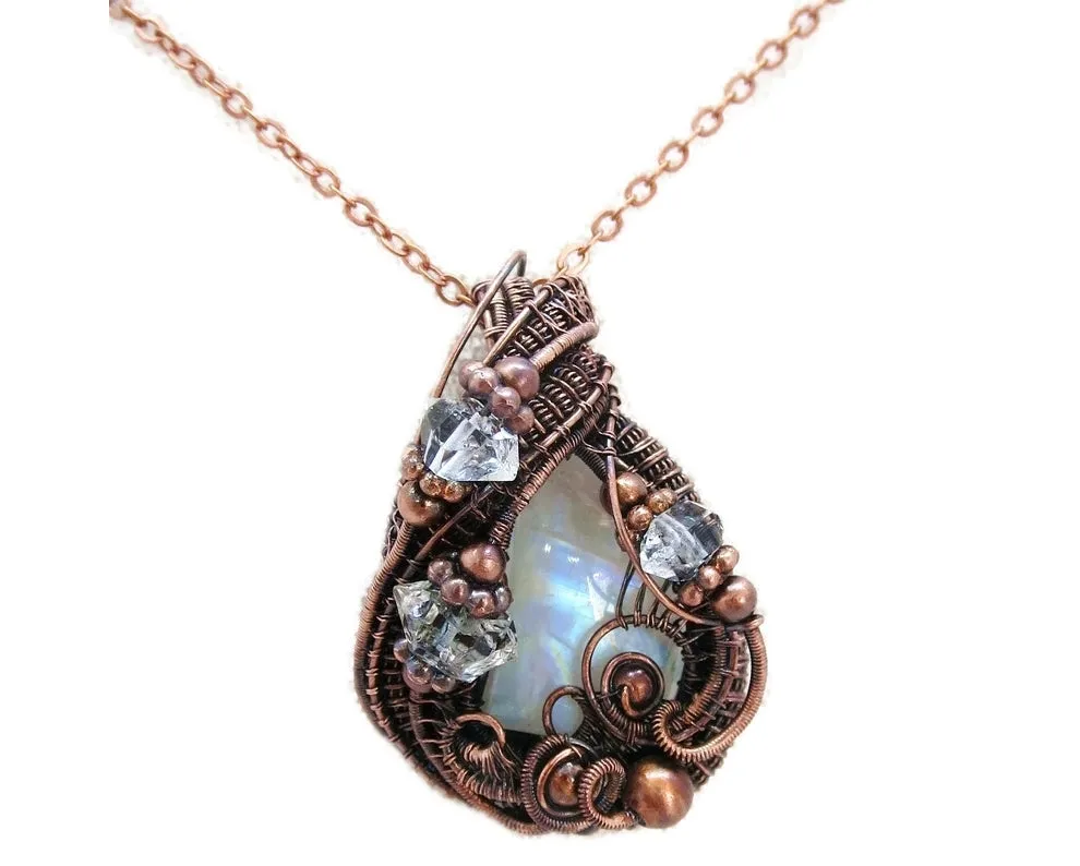 Rainbow Moonstone Pendant with Herkimer Diamonds in Bronze