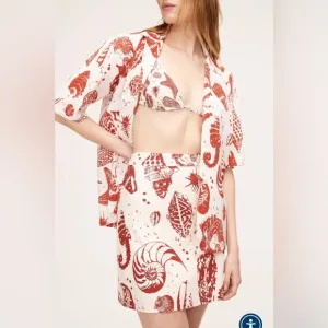 Rebecca Taylor Sea Shore Red/Cream Linen A-Line Mini Skirt size 16 NWOT