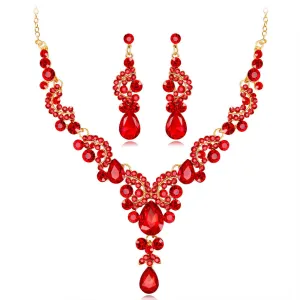 Red Crystal & Cubic Zirconia Botany Dangle Earring & Statement Necklace Set