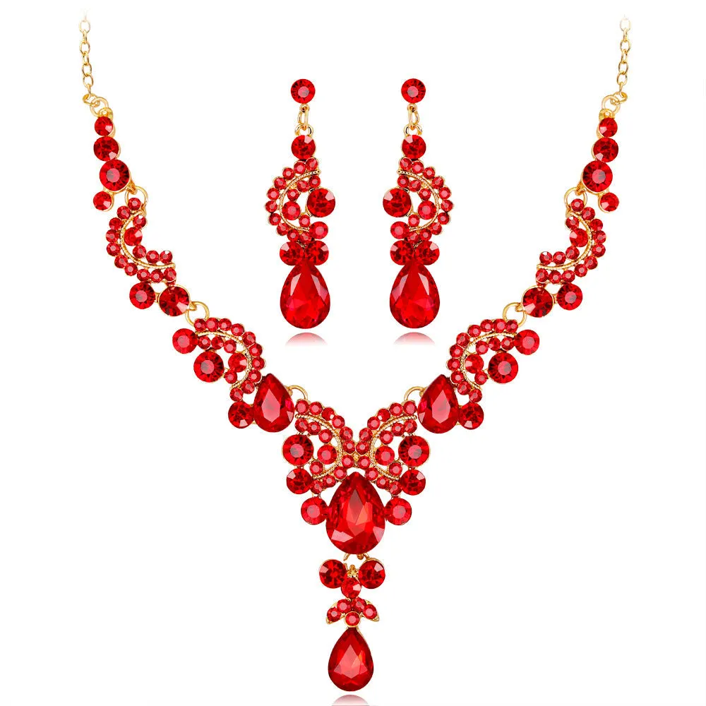Red Crystal & Cubic Zirconia Botany Dangle Earring & Statement Necklace Set