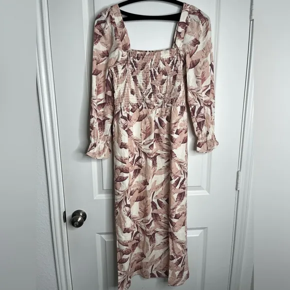 Revolve House of Harlow 1960 Linen Blend Smocked  Floral Midi Dress Size small